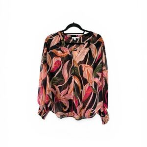 Chico's Floral Sheer Blouse Size 1.5 (US 12) Black Pink Orange Flowy Top